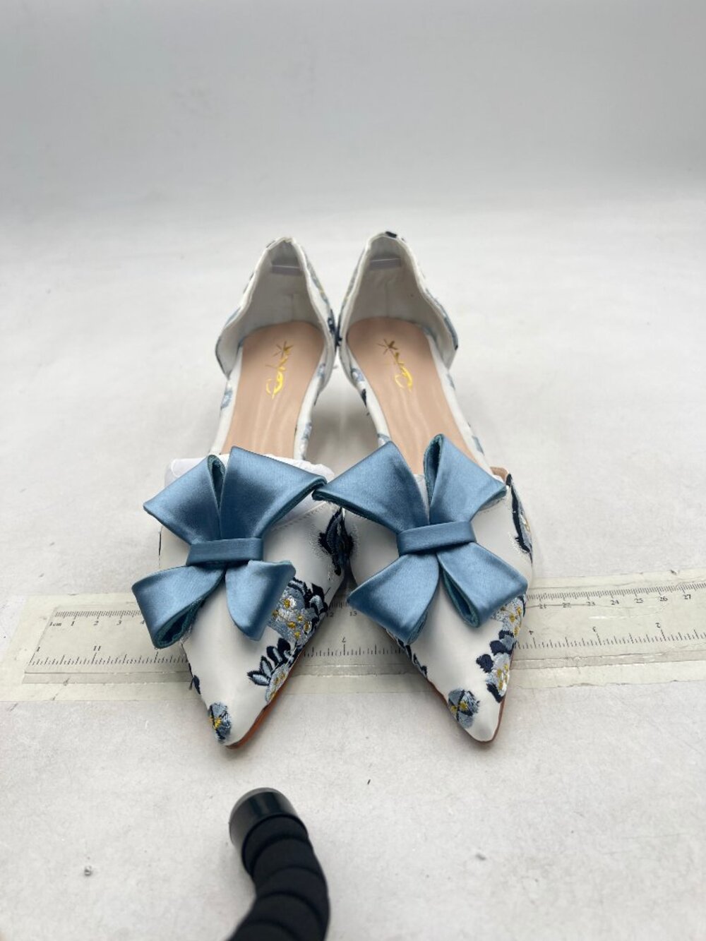 XYD Blue Bloom Embroidery D'Orsay Kitten Heel Bridal Bowknot Pump Point Toe Shoe - Picture 2 of 7